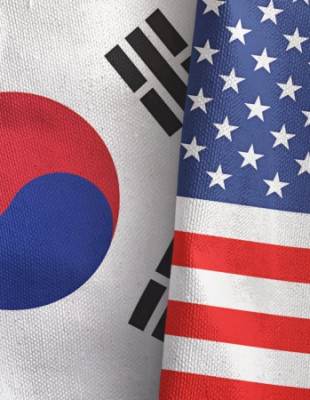 United States and South Korea two flags textile cloth 3D rendering